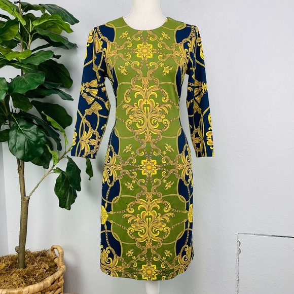 J. McLaughlin Baroque Gold Chain Print 3/4 Sleeve Mini Dress - Picture 1 of 6